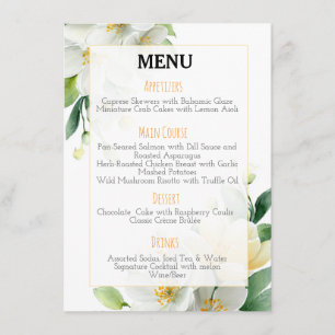 Chic Watercolor Magnolia & Jasmine Wedding Menu Menükarte