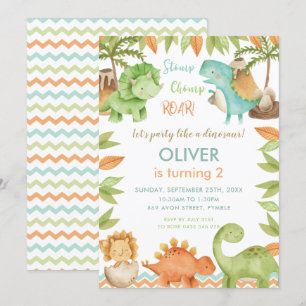 Chic Watercolor Niedlich Dinosaur Boy Girl Geburts Einladung