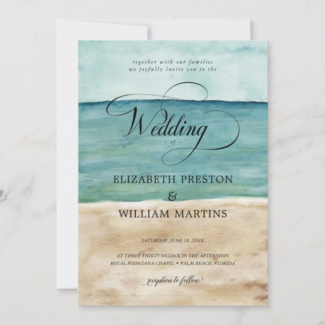 Chic Watercolor Ocean Beach Sand Nautical Wedding Einladung (Vorderseite)