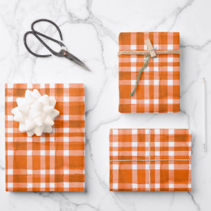 Chic Watercolor Orange Kariertes Muster Geschenkpapier Set