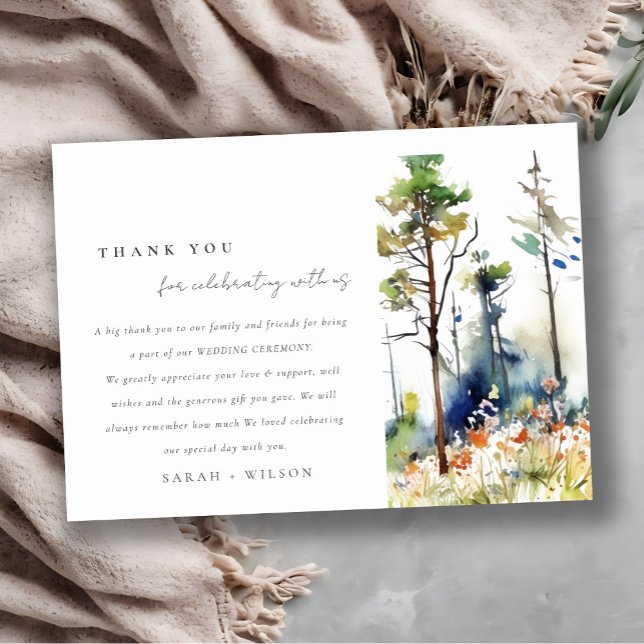 Chic Watercolor Pine Forest Landschaft Hochzeit Dankeskarte (Von Creator hochgeladen)