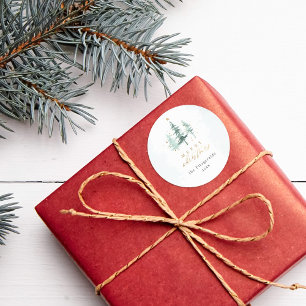 Chic Watercolor Pine Trees Frohe Weihnachten Runder Aufkleber