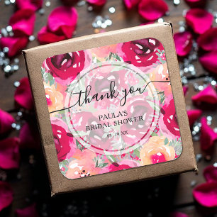 Chic Watercolor Pink Blume Vielen Dank Quadratischer Aufkleber