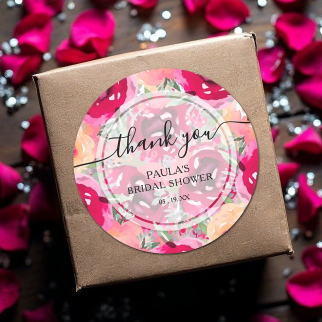 Chic Watercolor Pink Blume Vielen Dank Runder Aufkleber (Watercolor hot pink and cream  flowers thank you bridal shower round stickers)
