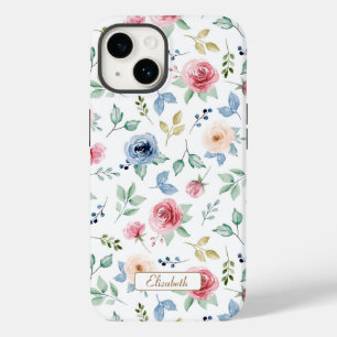 Chic Watercolor Pink Blush Blue Blumenmuster Muste Case-Mate iPhone 14 Hülle