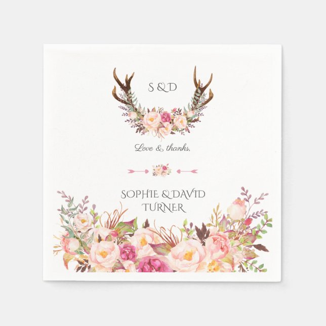 Chic Watercolor Pink Blush Floral Antlers Wedding Serviette (Vorderseite)