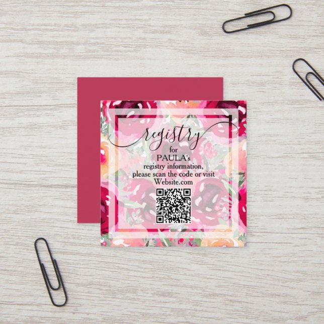 Chic Watercolor Pink Flowers QR Registry Card Quadratische Visitenkarte (Vorderseite/Rückseite Beispiel)