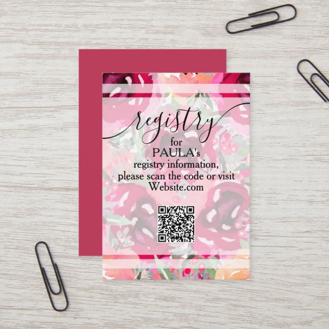 Chic Watercolor Pink Flowers QR Registry Card Visitenkarte (Vorderseite/Rückseite Beispiel)