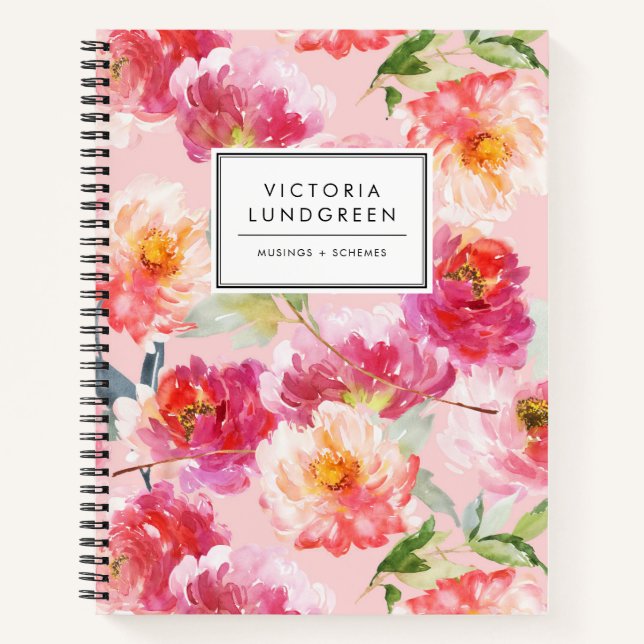Chic Watercolor Pink Peonies Blumenmuster Custom Notizbuch (Vorderseite)
