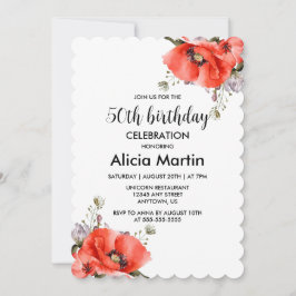 Chic Watercolor Red Poppy Greenery 50. Geburtstag Einladung