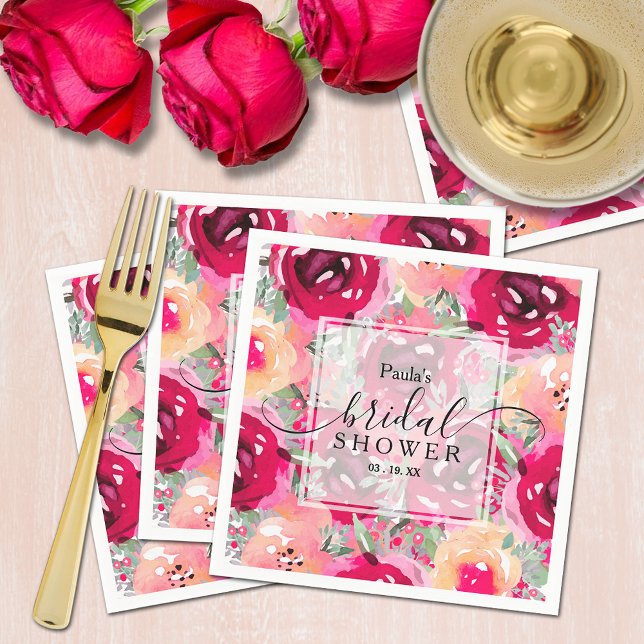 Chic Watercolor Rosa Brautparty Serviette (Chic watercolor pink and cream floral bridal shower personalized napkins)