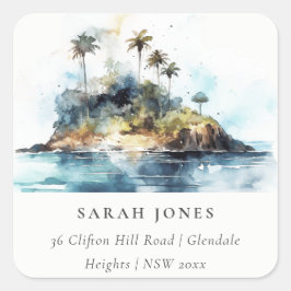 Chic Watercolor Seascape Palm Tree Island Adresse Quadratischer Aufkleber
