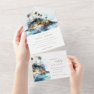Chic Watercolor Seascape Palm Tree Island Hochzeit All In One Einladung