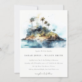 Chic Watercolor Seascape Palm Tree Island Hochzeit Einladung