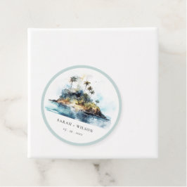 Chic Watercolor Seascape Palm Tree Island Hochzeit Geschenkanhänger