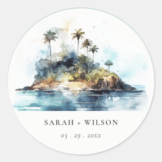 Chic Watercolor Seascape Palm Tree Island Hochzeit Runder Aufkleber (Vorderseite)
