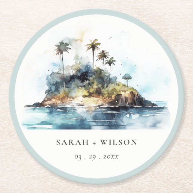 Chic Watercolor Seascape Palm Tree Island Hochzeit Runder Pappuntersetzer (Vorderseite)