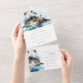 Chic Watercolor Seascape Palm Tree Island Wedding All In One Einladung