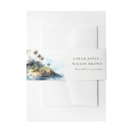 Chic Watercolor Seascape Palm Tree Island Wedding Einladungsbanderole