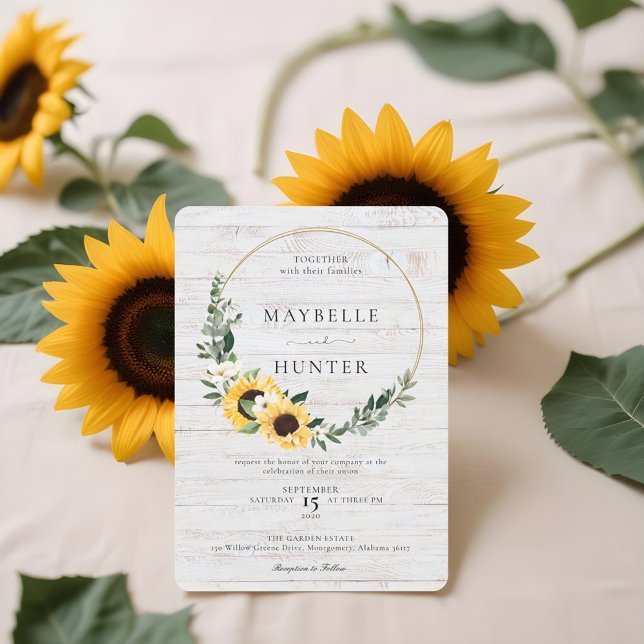 Chic Watercolor Sonnenblume Wreath Whitewood Weddi Einladung (Chic Watercolor Sunflower Wreath Whitewood Wedding Invitation)
