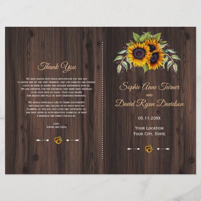 Chic Watercolor Sonnenblumen Wood Wedding Programm (Vorderseite)