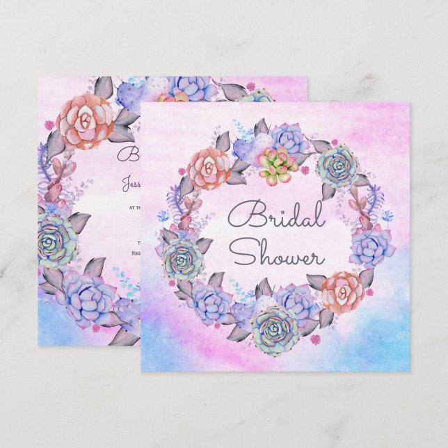 Chic Watercolor Succules Wreath Brautparty Einladung (Vorne/Hinten)