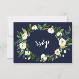 Chic Watercolor White Floral Wreath Dunkelblau UAW RSVP Karte