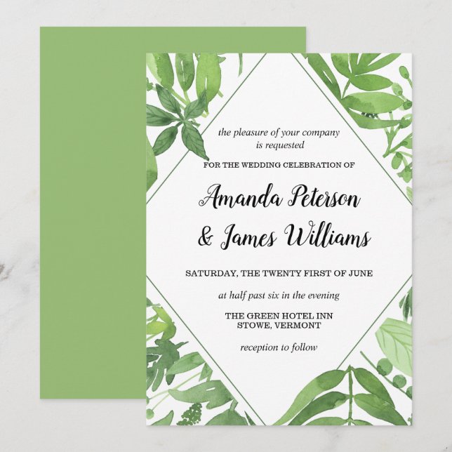 Chic Watercolor Wild Wiese Green Diamond Wedding Einladung (Vorne/Hinten)