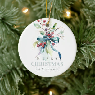 Chic Watercolor Winter Berries Weihnachtsfest Foto Keramik Ornament