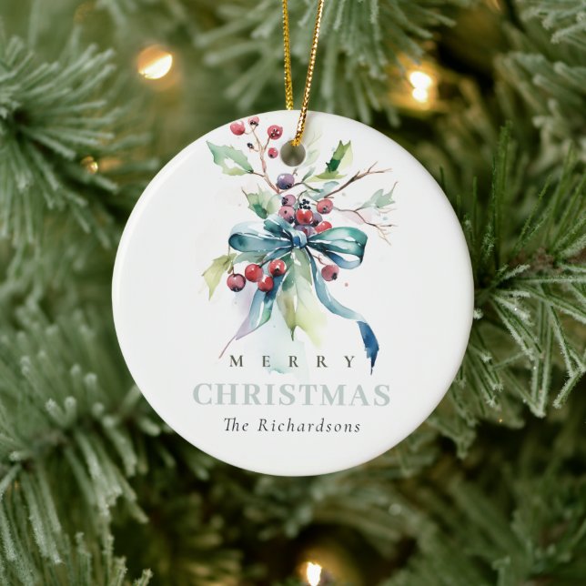 Chic Watercolor Winter Berries Weihnachtsfest Foto Keramik Ornament (Baum)