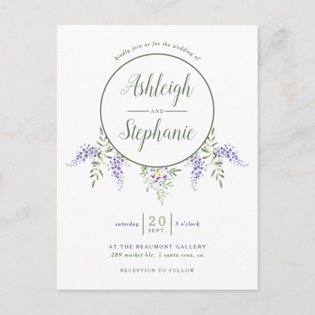 Chic Watercolor Wisteria Drop Wedding Einladungspostkarte (Vorderseite)