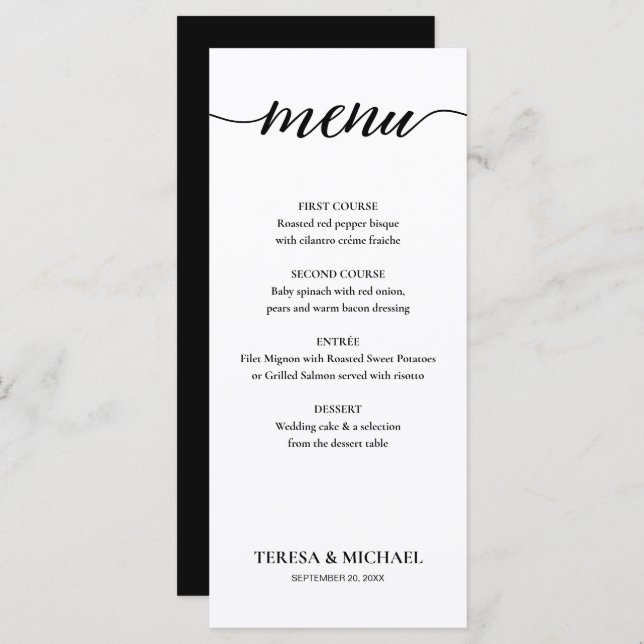 Chic Wedding Black and White Simple Editable Menükarte (Vorne/Hinten)