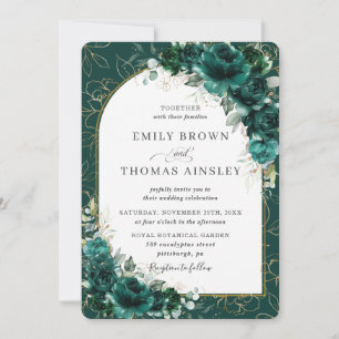 Chic Wedding Emerald Green Rose Floral Gold Arch Einladung
