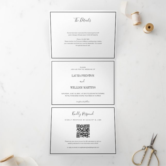 Chic Wedding Foto mit UAWG QR Code und Details Dreifach Gefaltete Einladung (Innenseite)