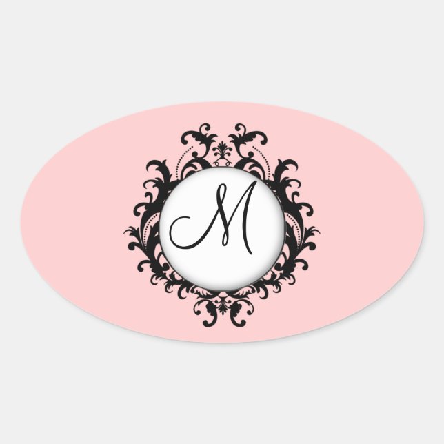 Chic Wedding Initial Damask Label Rosa Oval Ovaler Aufkleber (Vorderseite)