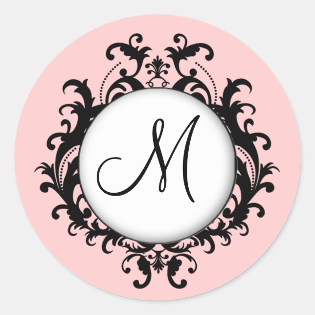 Chic Wedding Monogram Damask Label Rosa Runder Aufkleber (Vorderseite)