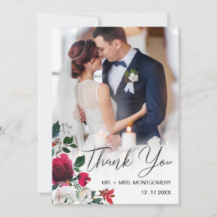 Chic Wedding Red Floral Rose Black Script Foto Dankeskarte