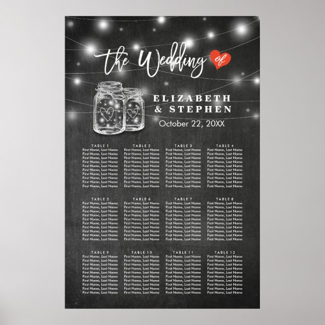 Chic Wedding Seating Chart Mason Jar String Lights Poster (Vorne)