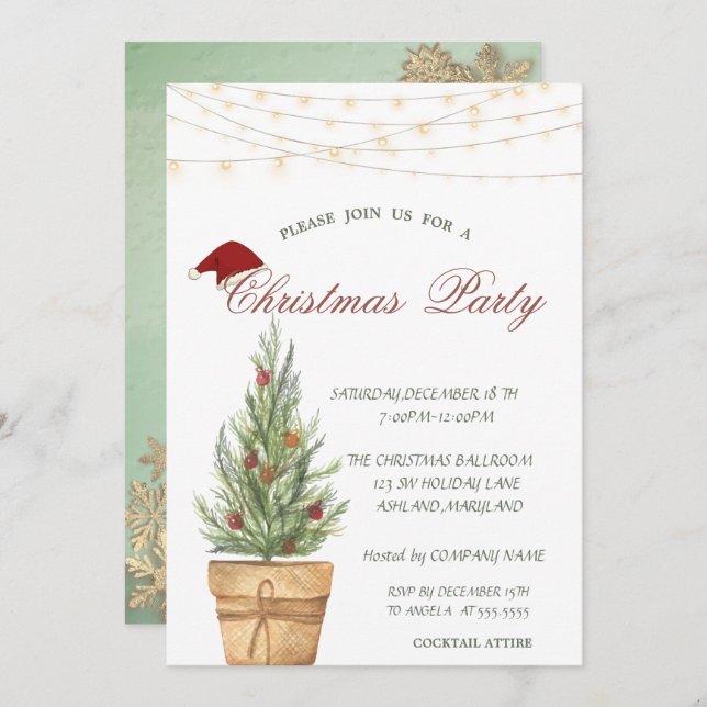 Chic Weihnachtsbaum, Gold Snowflakes Weihnachten Einladung (Vorne/Hinten)