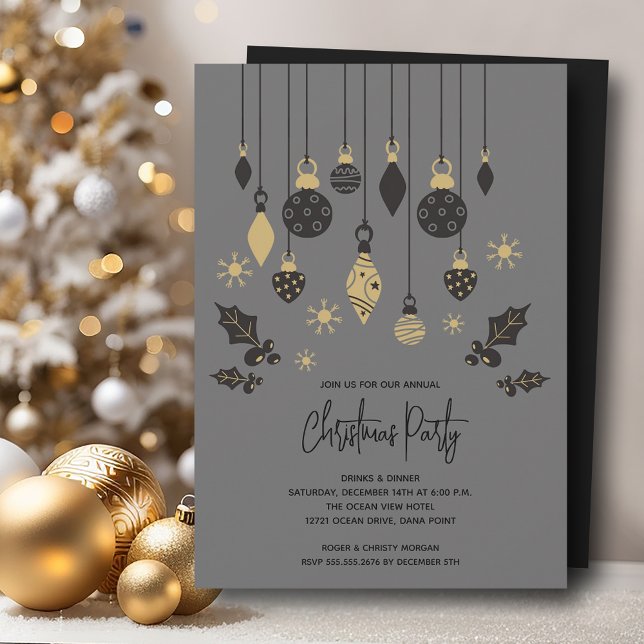 Chic Weihnachtsschmuck Einladung (Chic Christmas tree ornaments on grey party invitations, PRINTED and/or INSTANT DOWNLOAD)