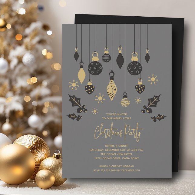 Chic Weihnachtsschmuck Einladung (Chic Christmas tree ornaments on grey party invitations, PRINTED and/or INSTANT DOWNLOAD)