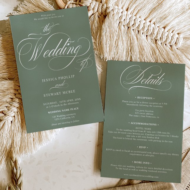 Chic Weise grün alles in einer kalligraphischen Ho Einladung (Chic sage green all in one calligraphy wedding invitation)