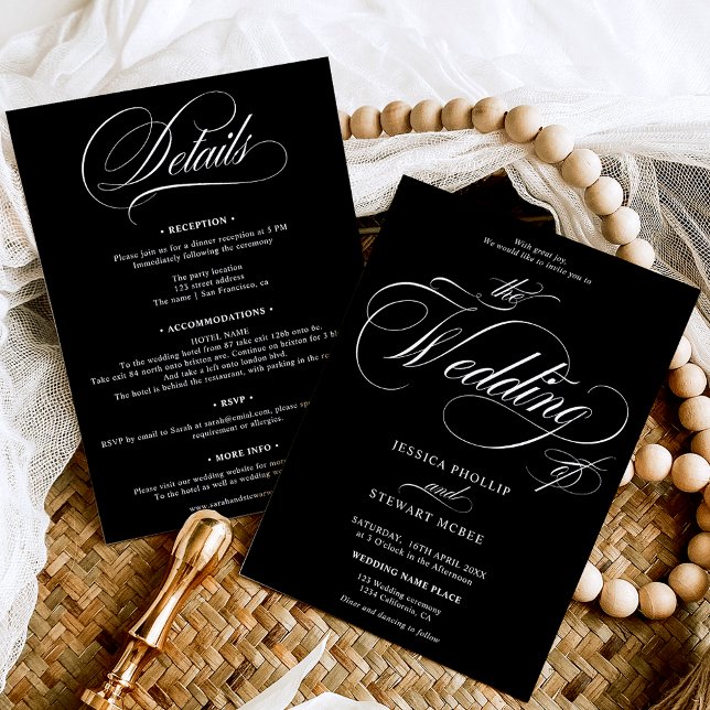 Chic weiß schwarz alles in einer kalligraphischen  einladung (Chic white black all in one calligraphy wedding invitation)