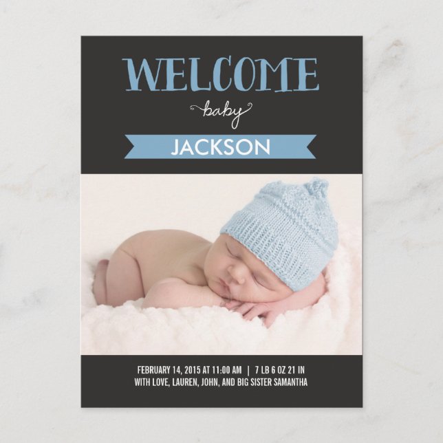 Chic Welcome Birth Announcement - Blue Ankündigungspostkarte (Vorderseite)
