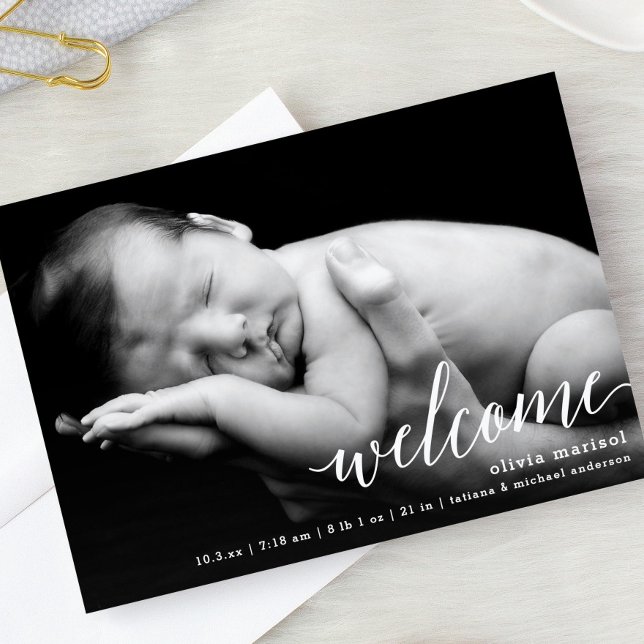 Chic Welcome Calligraphy Script Birth Announcement Ankündigung (Von Creator hochgeladen)