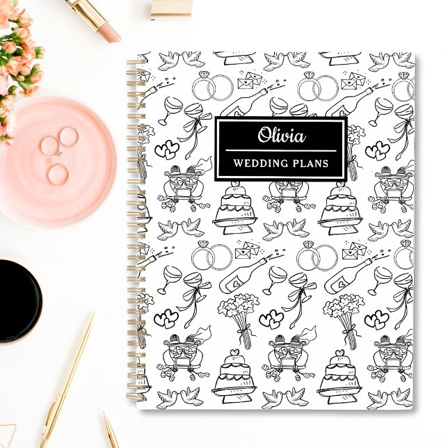 Chic Whimsical Black & White Personalisiert Weddin Planer (Chic black and white personalized wedding planner with customizable covers. )
