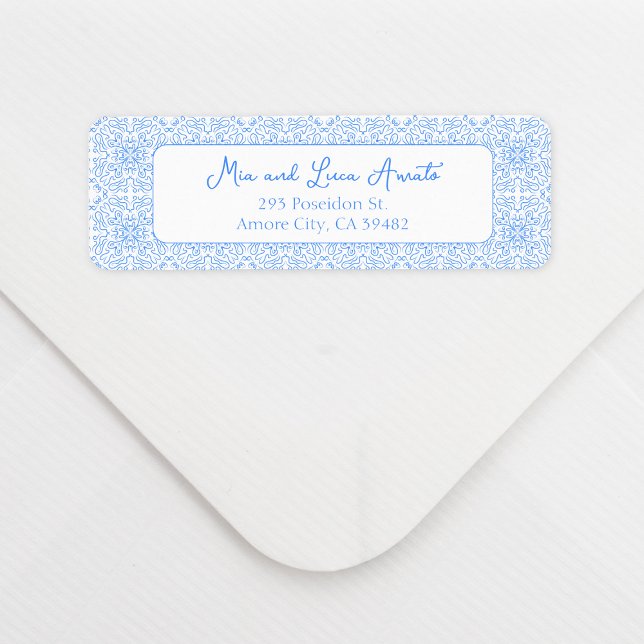 Chic Whimsical Blue Tile Muster Mittelmeer (Bring a chic Mediterranean vibe to your invites with this blue tile pattern address label.)