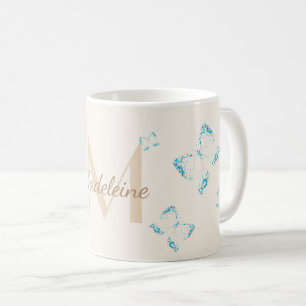 Chic Whimsical Elegant Blue Butterfells Monogramm Kaffeetasse