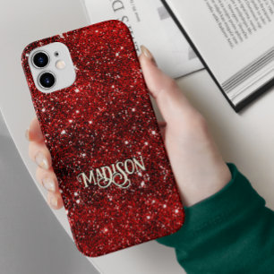 Chic whimsical red black Glitzer monogram Case-Mate iPhone 14 Hülle