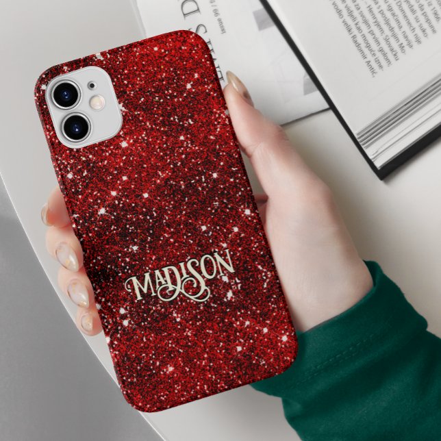 Chic whimsical red black Glitzer monogram Case-Mate iPhone Hülle (Von Creator hochgeladen)